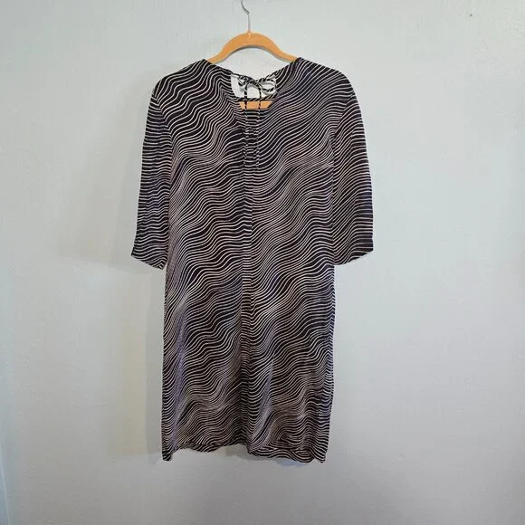 Vintage Marimekko Silk Tunic Dress — Navy & Tan Wave Stripe | Size 36 (EU) - Picture 2 of 7